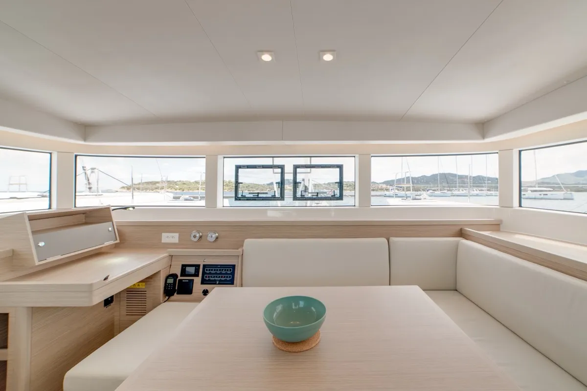 Salon of Arca 40, a Lagoon 40 catamaran at Olbia, Italy