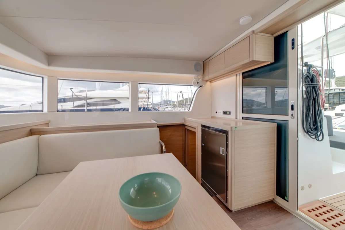 Salon of Arca 40, a Lagoon 40 catamaran at Olbia, Italy