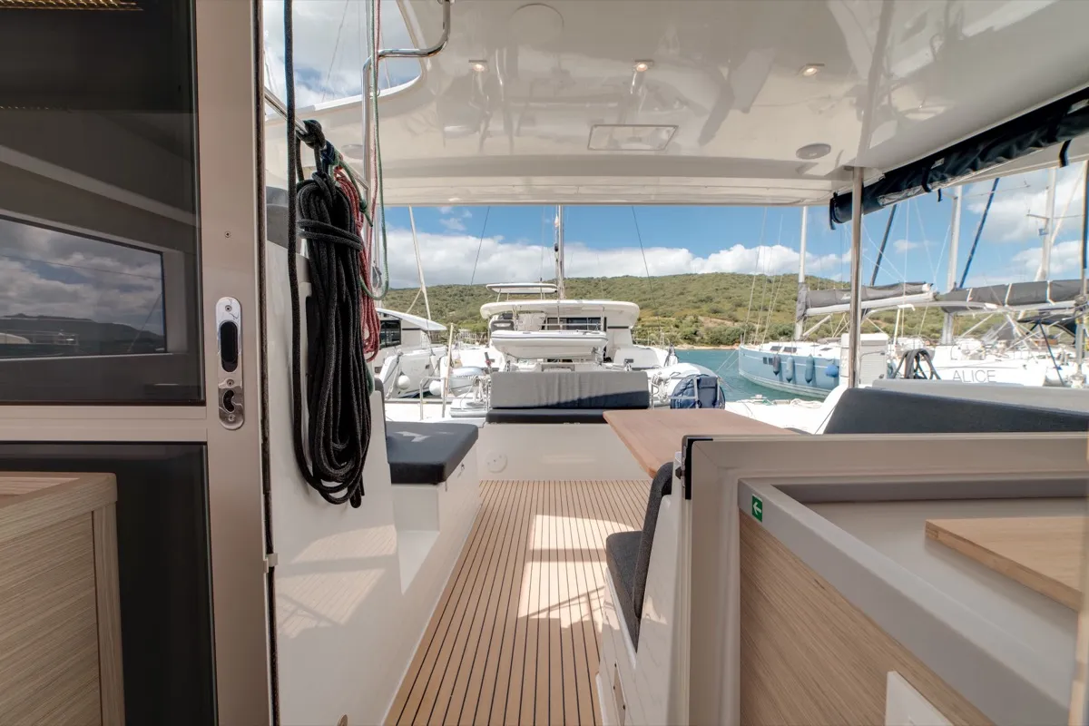 Deck of Arca 40, a Lagoon 40 catamaran at Olbia, Italy