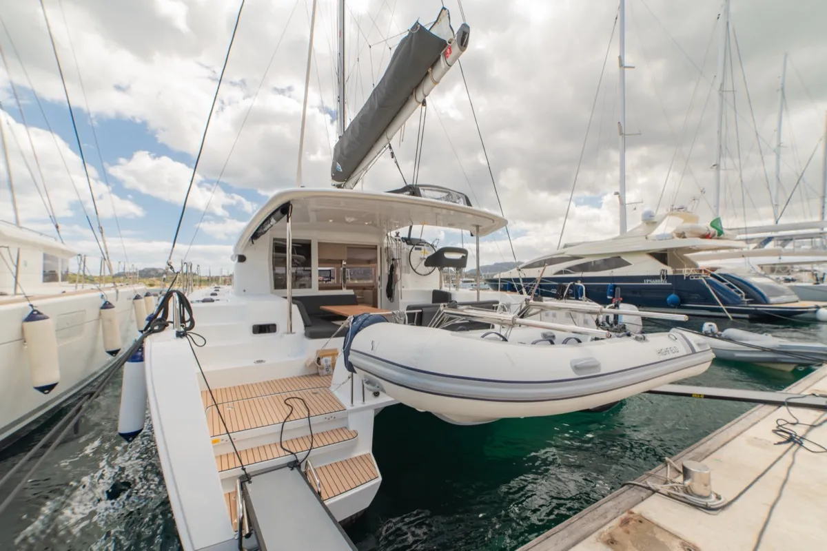 Exterior view of Arca 40, a Lagoon 40 catamaran at Olbia, Italy
