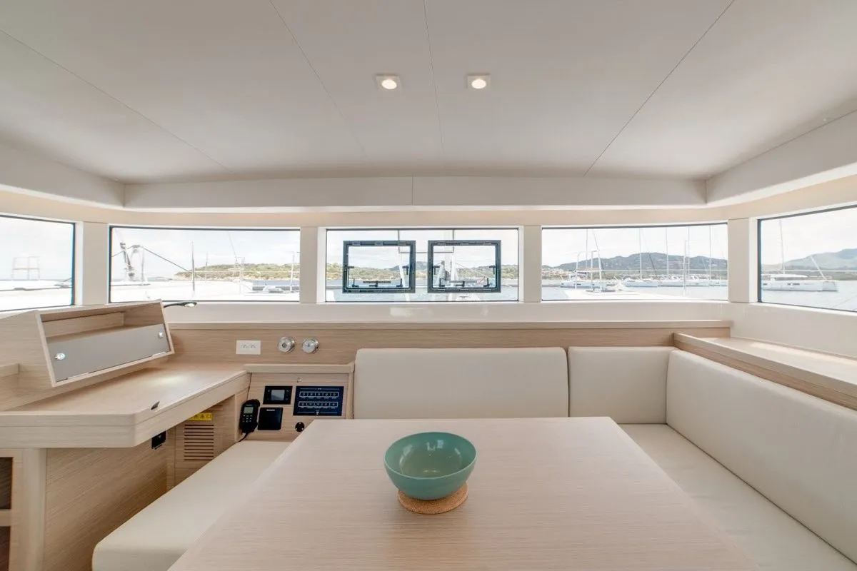 Salon of Arca 40, a Lagoon 40 catamaran at Olbia, Italy