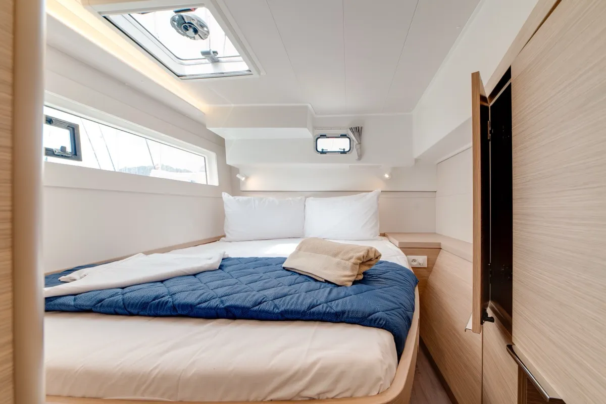 Cabin on Arca 40, a Lagoon 40 catamaran at Olbia, Italy