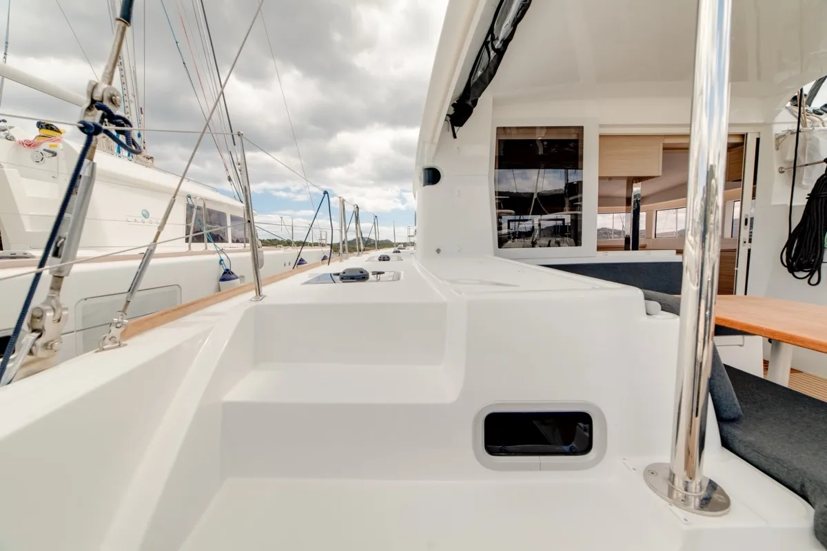 Deck of Arca 40, a Lagoon 40 catamaran at Olbia, Italy