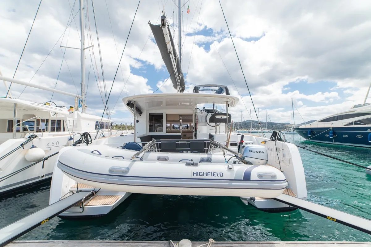 Exterior view of Arca 40, a Lagoon 40 catamaran at Olbia, Italy