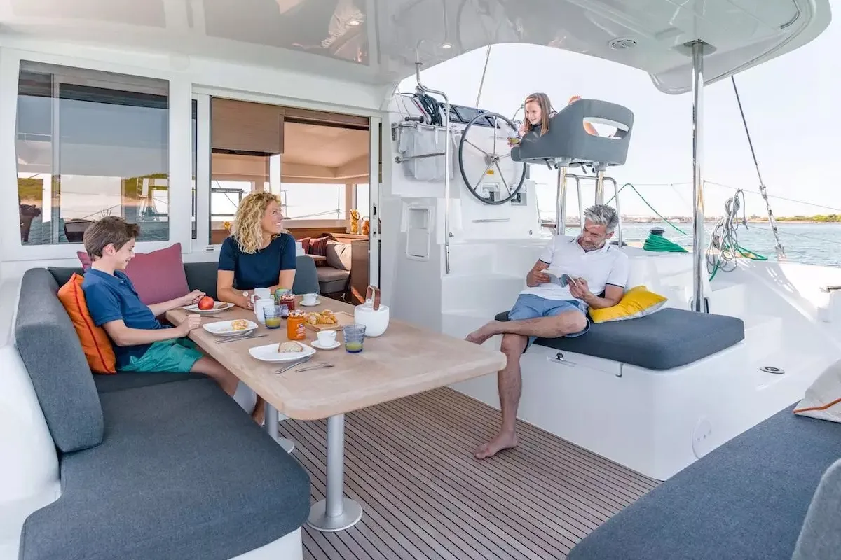 Deck of Arca 40, a Lagoon 40 catamaran at Olbia, Italy