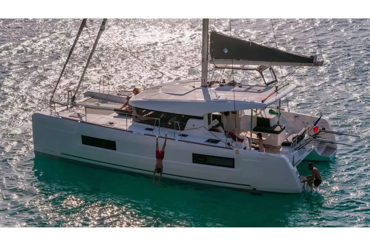 Exterior view of Arca 40, a Lagoon 40 catamaran at Olbia, Italy
