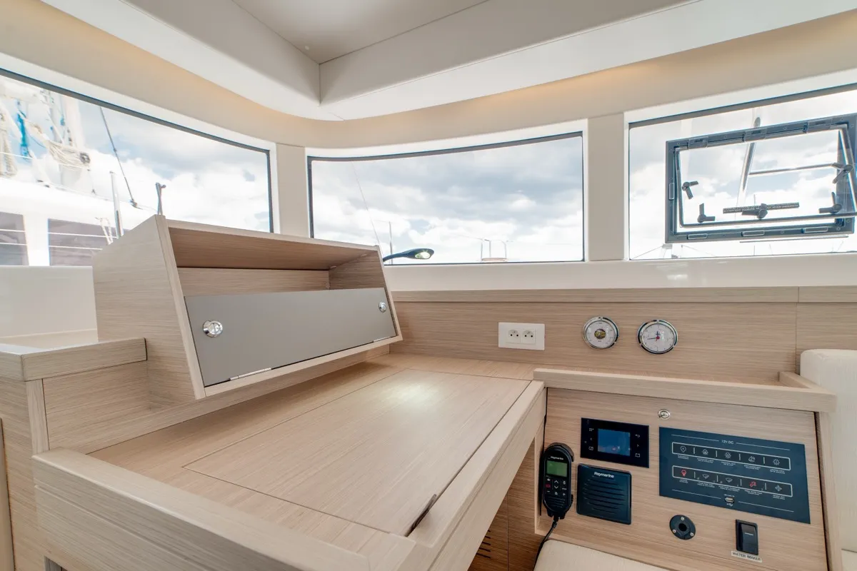 Salon of Arca 40, a Lagoon 40 catamaran at Olbia, Italy