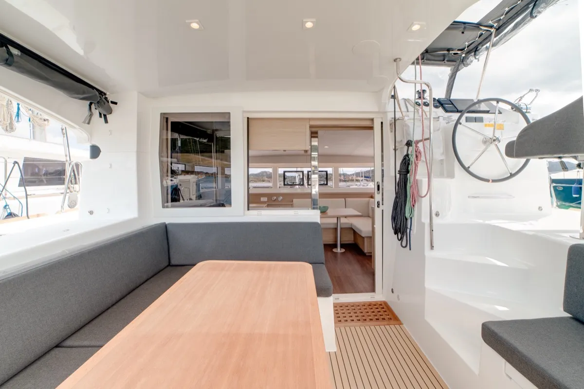 Deck of Arca 40, a Lagoon 40 catamaran at Olbia, Italy