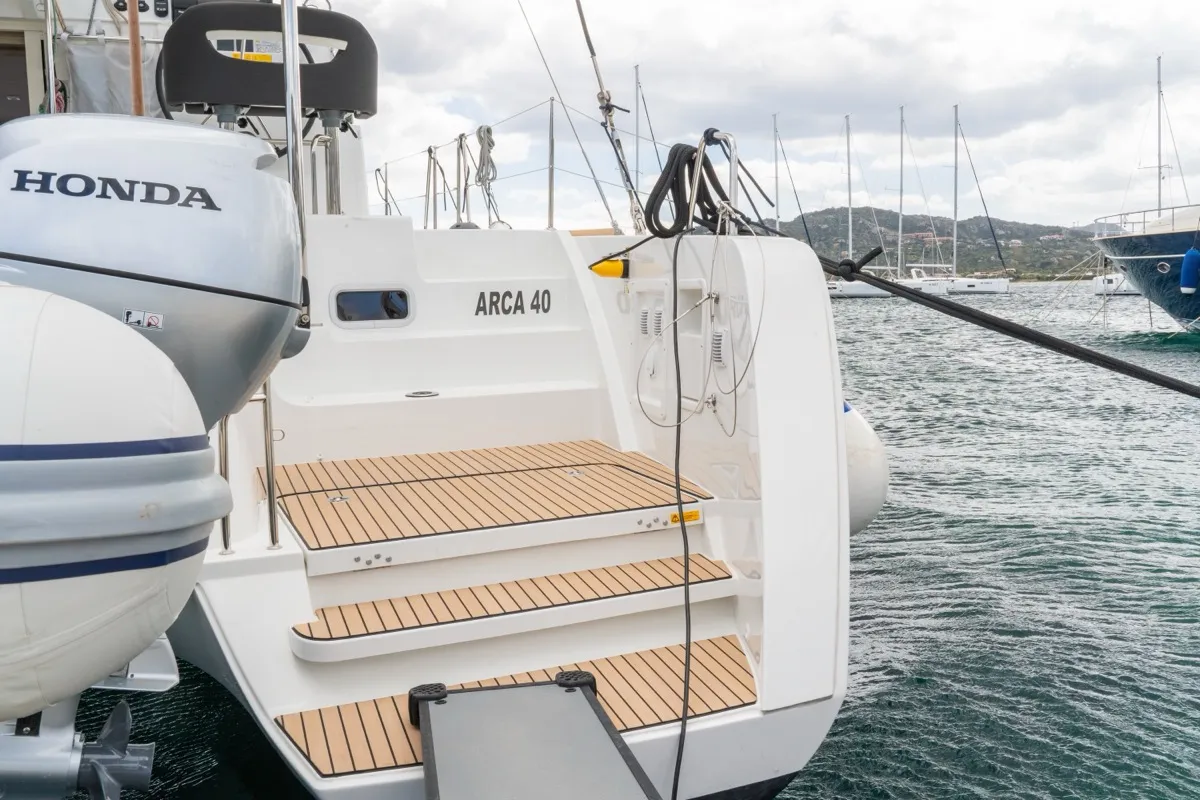 Exterior view of Arca 40, a Lagoon 40 catamaran at Olbia, Italy