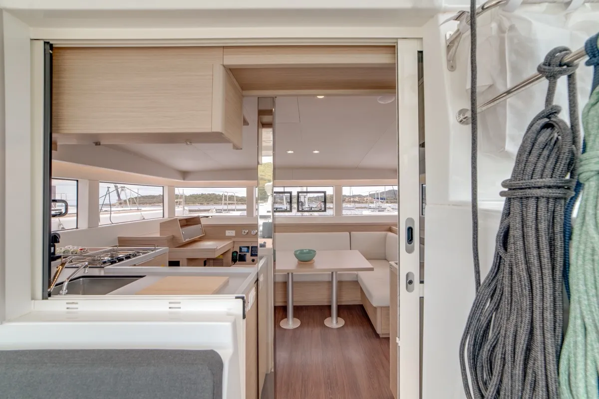 Salon of Arca 40, a Lagoon 40 catamaran at Olbia, Italy
