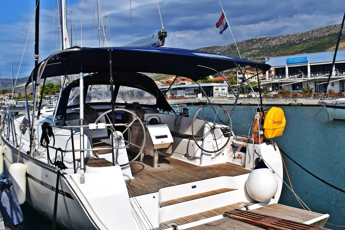 Exterior view of Lovrečina, a Bavaria Cruiser 46 sailboat at Grad Kaštela, Croatia
