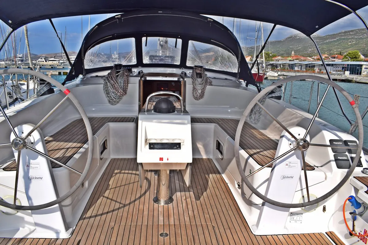 Cockpit of Lovrečina, a Bavaria Cruiser 46 sailboat at Grad Kaštela, Croatia