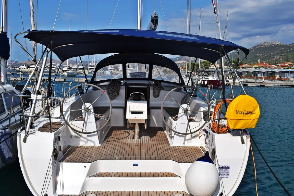 Exterior view of Lovrečina, a Bavaria Cruiser 46 sailboat at Grad Kaštela, Croatia