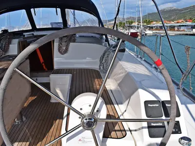 Deck of Lovrečina, a Bavaria Cruiser 46 sailboat at Grad Kaštela, Croatia
