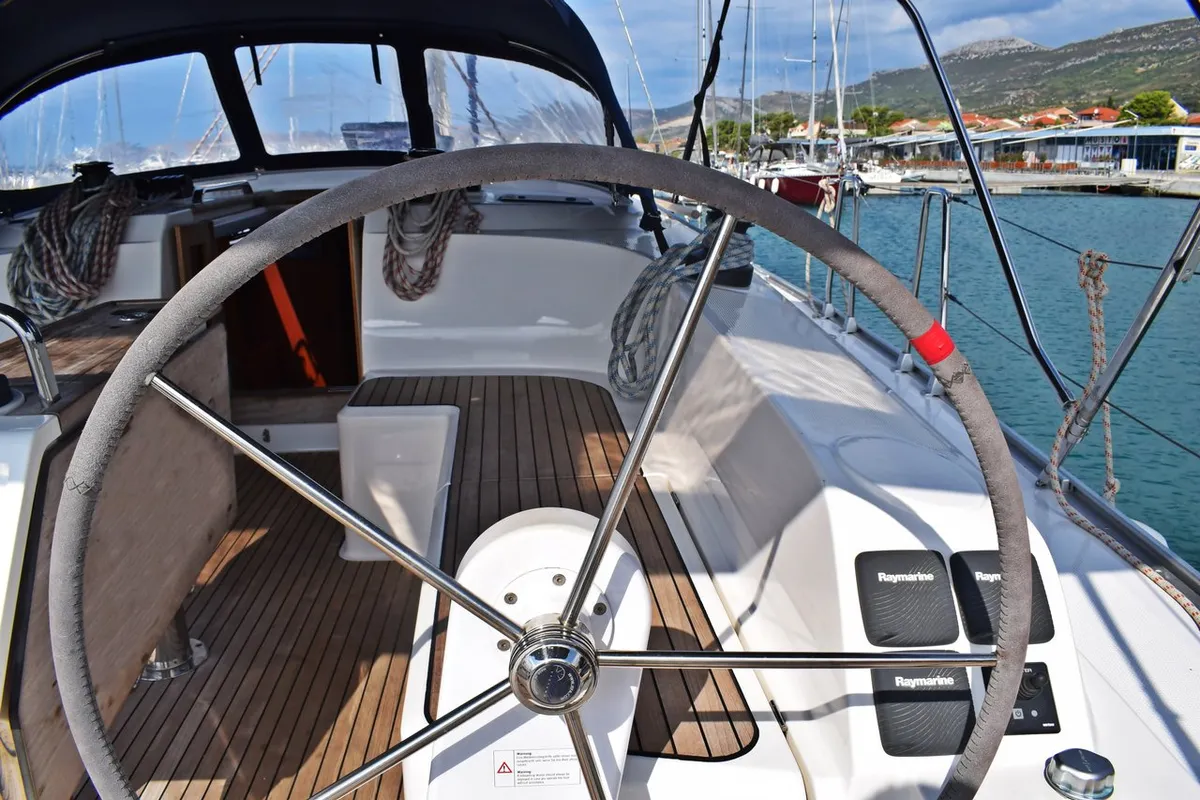 Deck of Lovrečina, a Bavaria Cruiser 46 sailboat at Grad Kaštela, Croatia