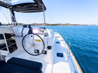 Cockpit of Millennium Falcon, a Lagoon 40 catamaran at Grad Šibenik, Croatia