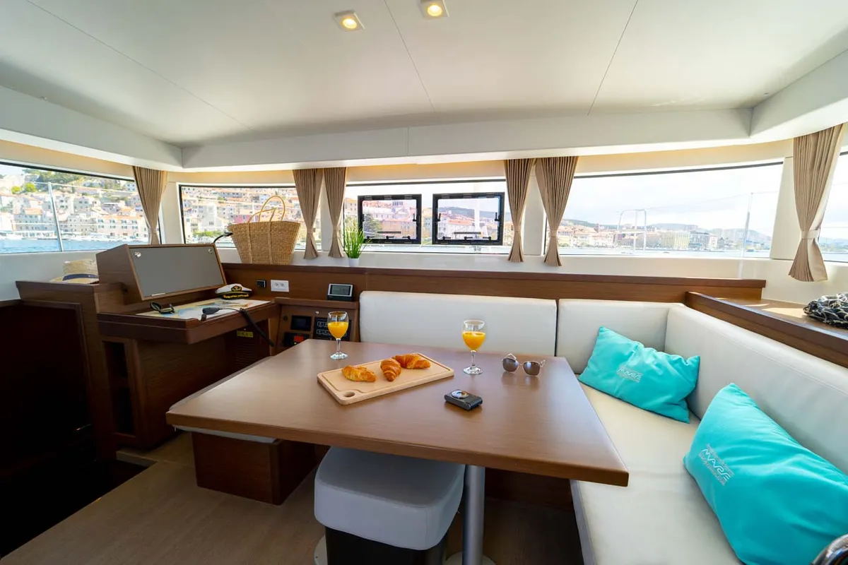 Salon of Millennium Falcon, a Lagoon 40 catamaran at Grad Šibenik, Croatia