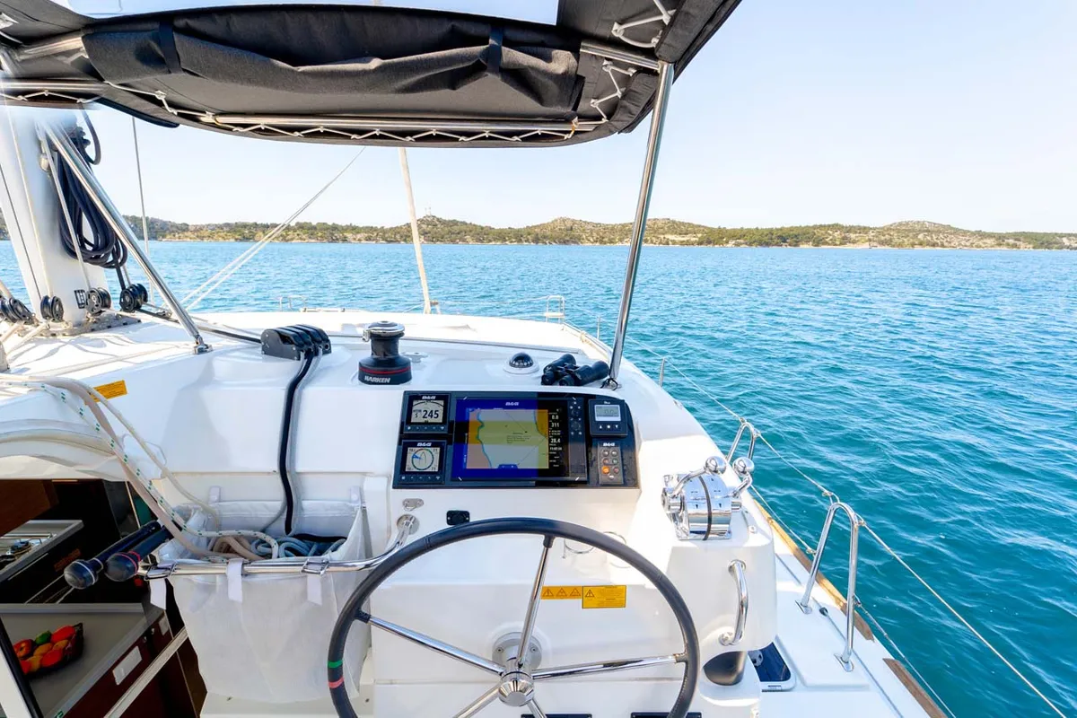 Cockpit of Millennium Falcon, a Lagoon 40 catamaran at Grad Šibenik, Croatia