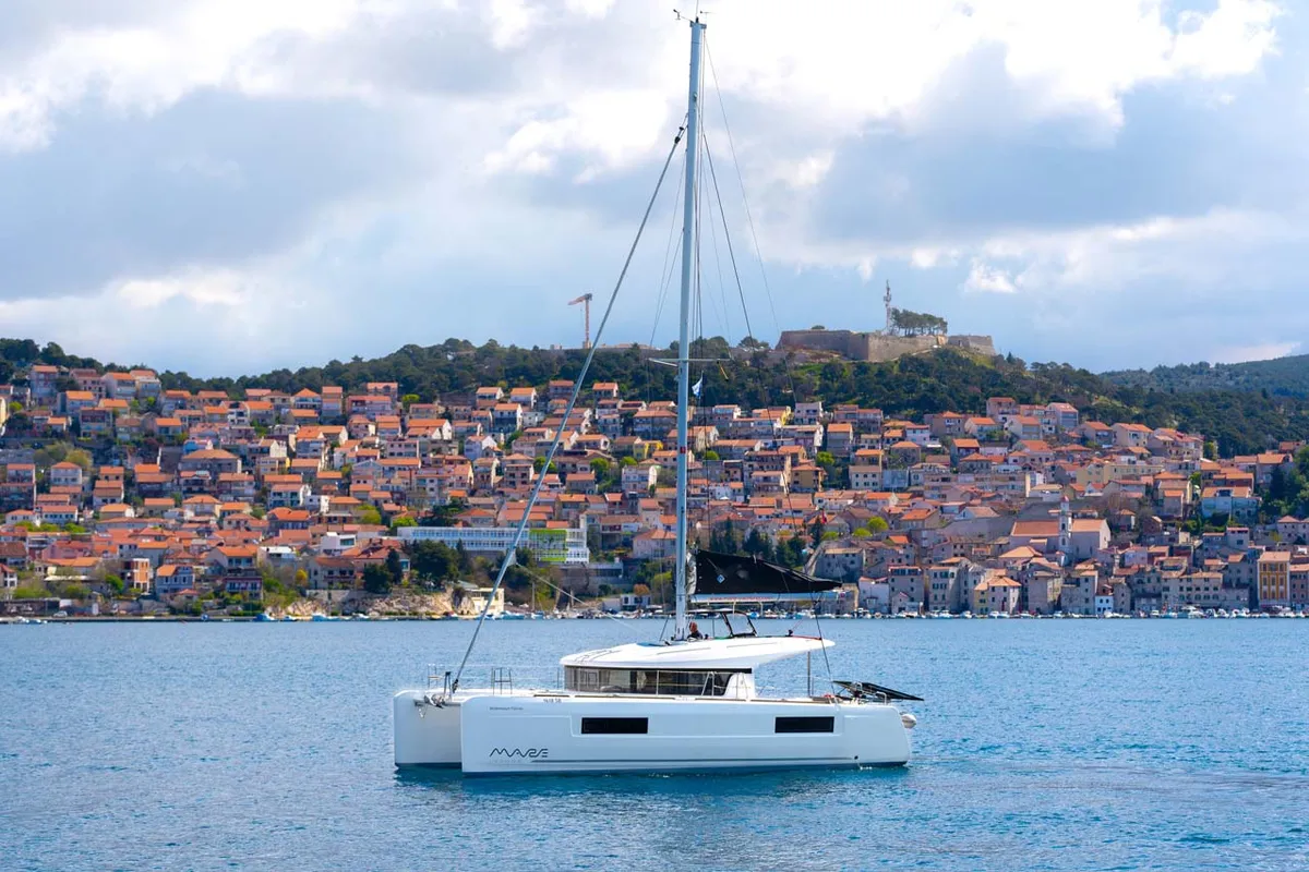 Exterior view of Millennium Falcon, a Lagoon 40 catamaran at Grad Šibenik, Croatia