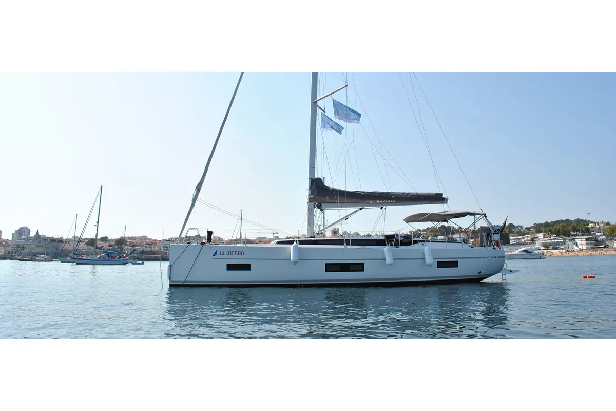 Exterior view of Wildcard, a Bavaria C45 sailboat at Cascais, Portugal