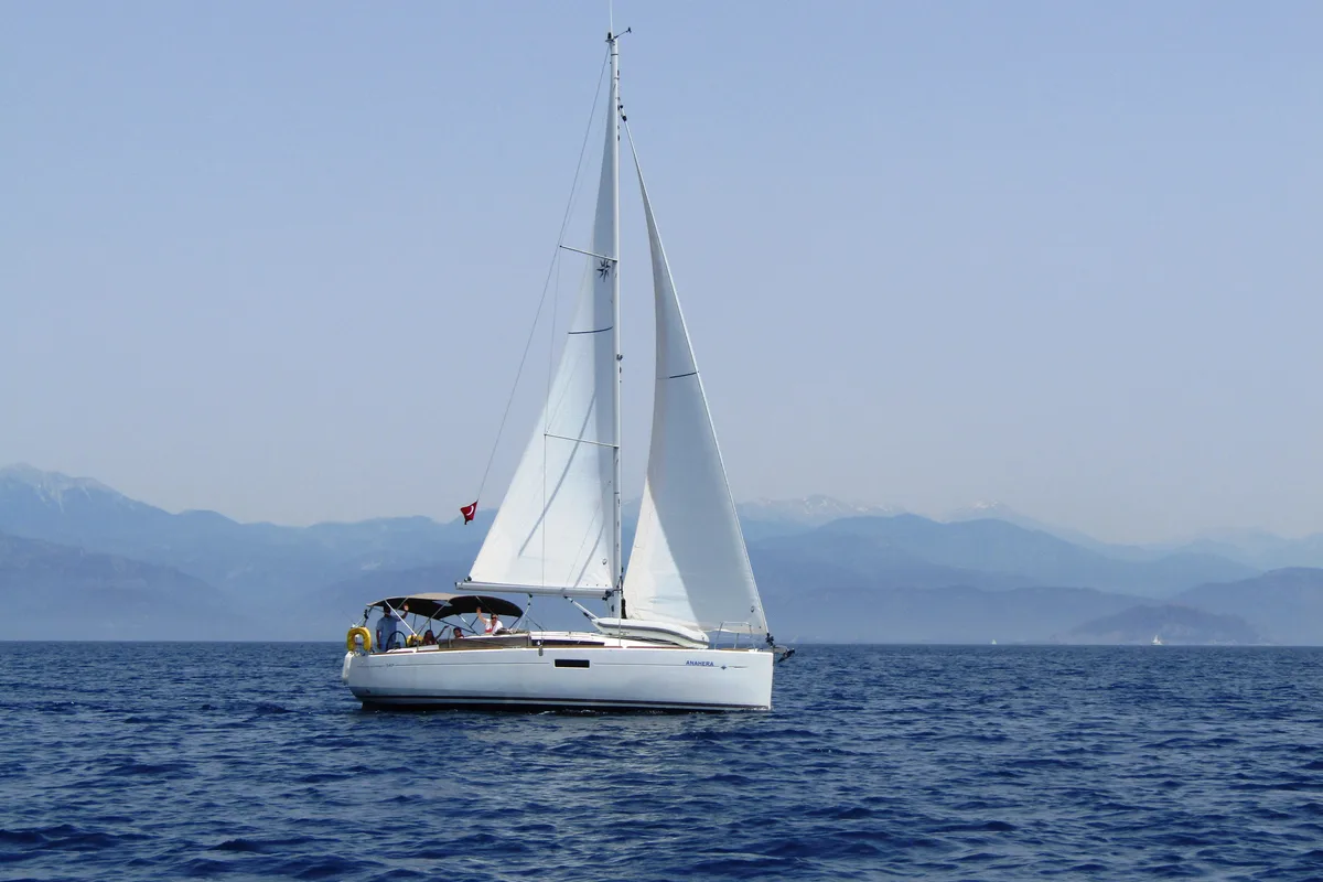 Exterior view of Anahera, a Jeanneau Sun Odyssey 349 sailboat at Fethiye, Turkey