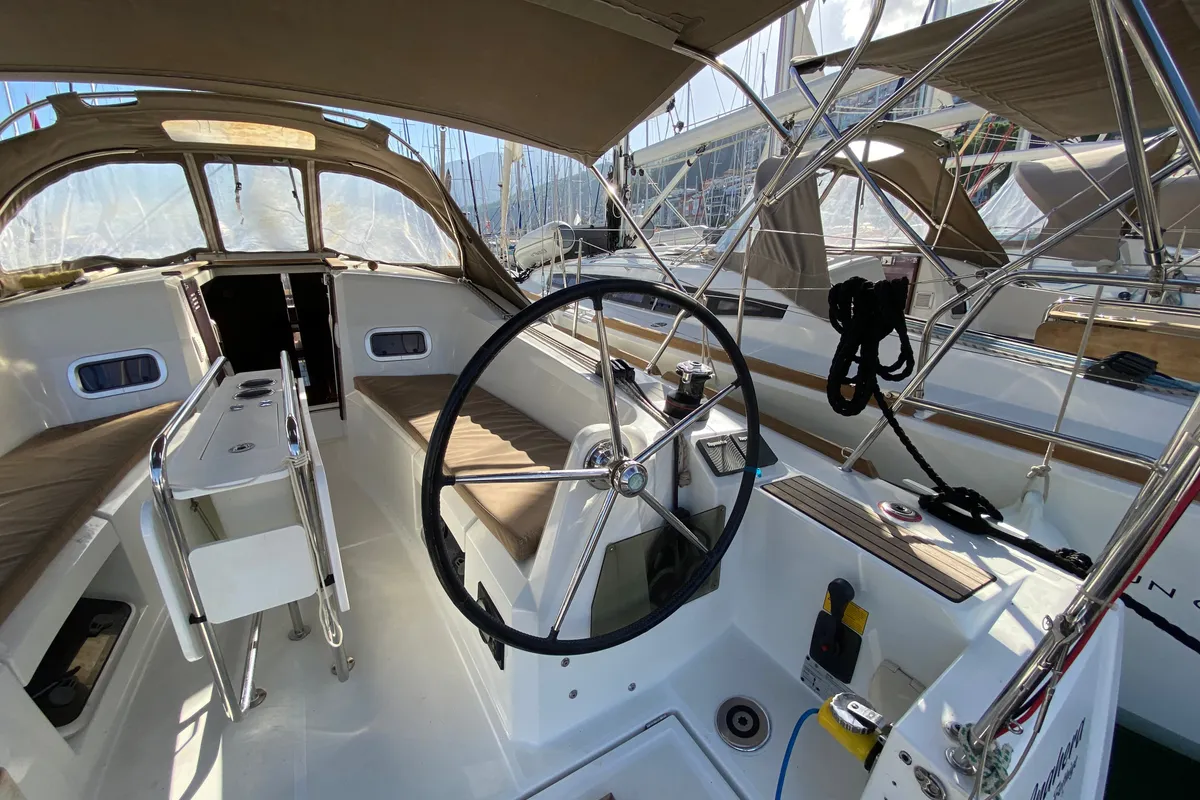Cockpit of Anahera, a Jeanneau Sun Odyssey 349 sailboat at Fethiye, Turkey