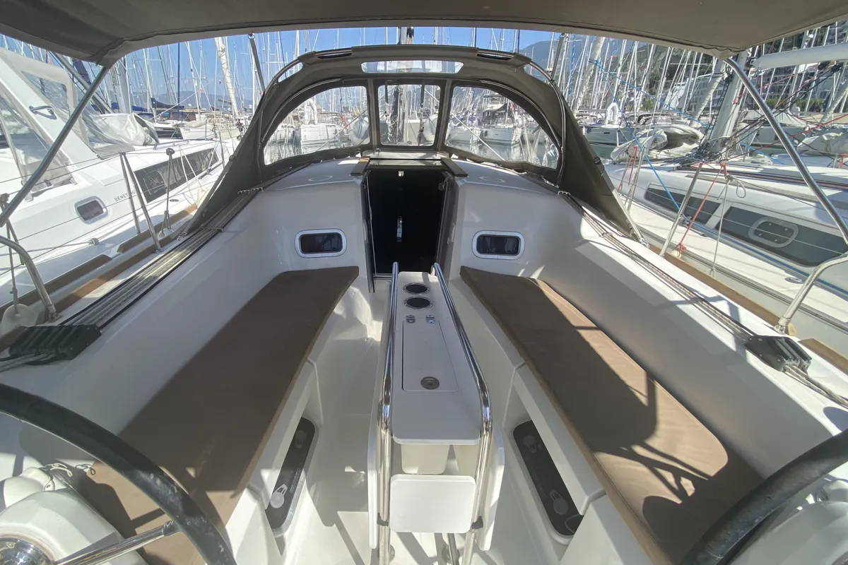 Cockpit of Anahera, a Jeanneau Sun Odyssey 349 sailboat at Fethiye, Turkey