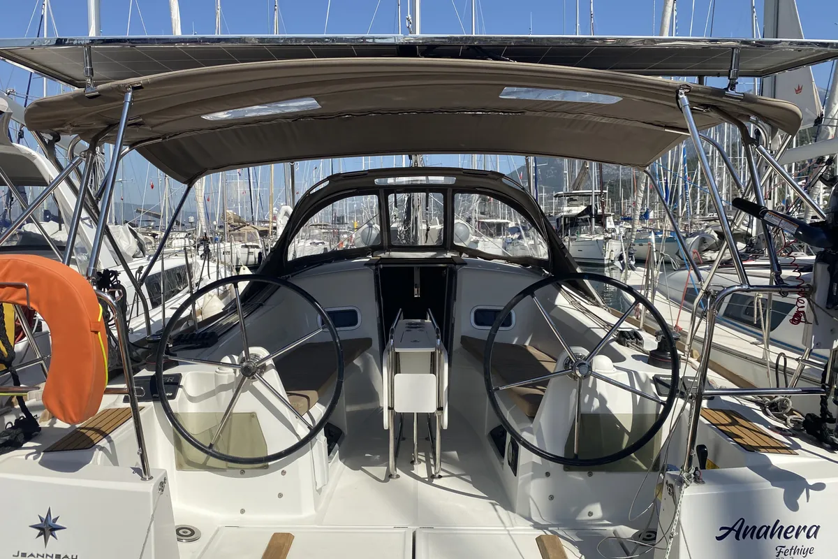 Cockpit of Anahera, a Jeanneau Sun Odyssey 349 sailboat at Fethiye, Turkey