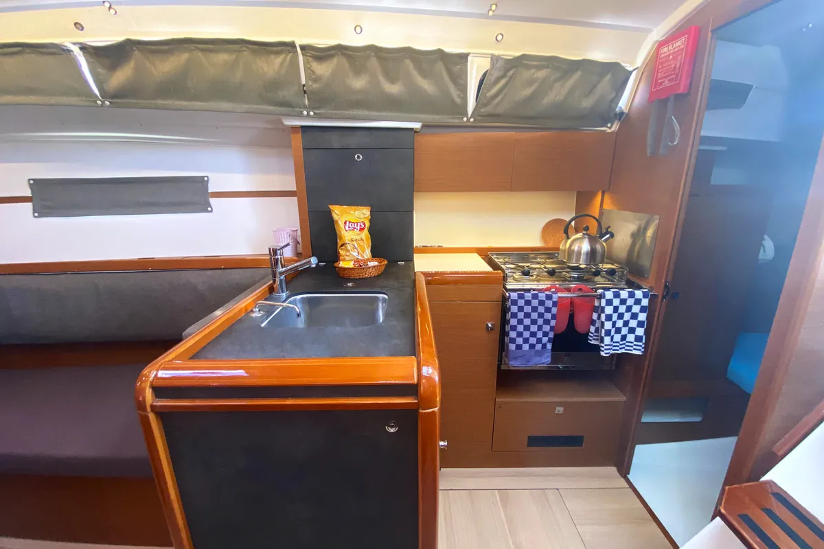 Galley of Anahera, a Jeanneau Sun Odyssey 349 sailboat at Fethiye, Turkey