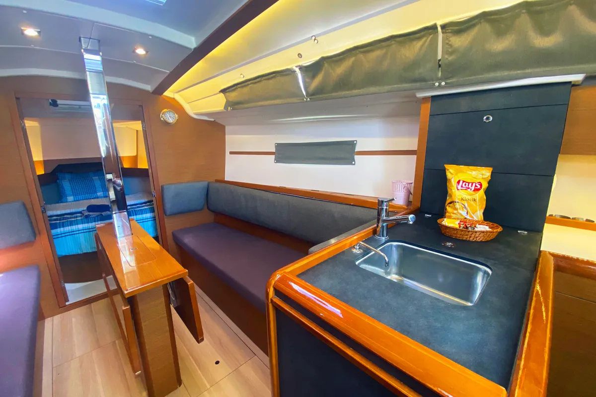Galley of Anahera, a Jeanneau Sun Odyssey 349 sailboat at Fethiye, Turkey