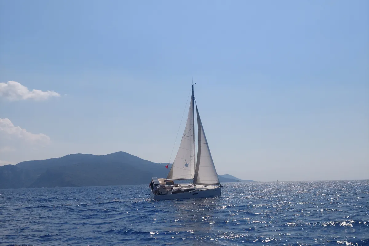 Exterior view of Anahera, a Jeanneau Sun Odyssey 349 sailboat at Fethiye, Turkey