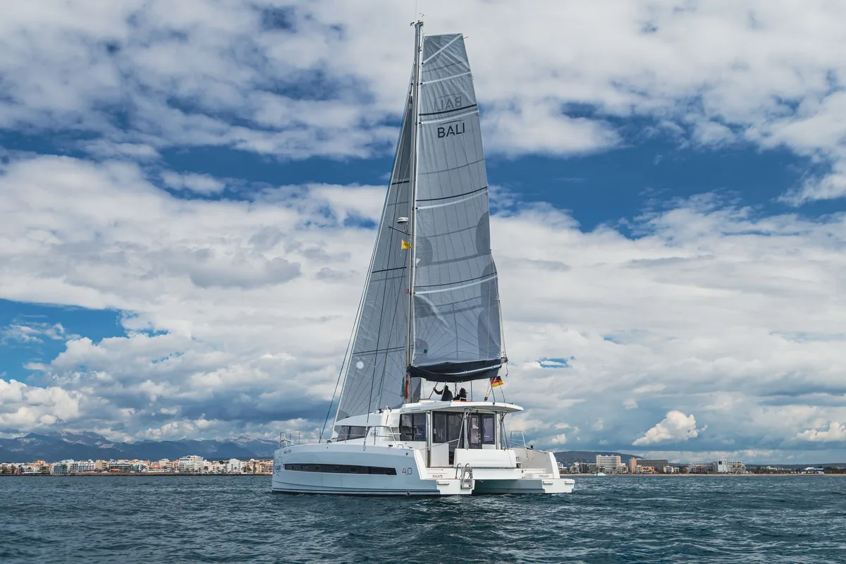 Exterior view of Escape, a Bali 4.0 catamaran at Palma de Mallorca, Spain