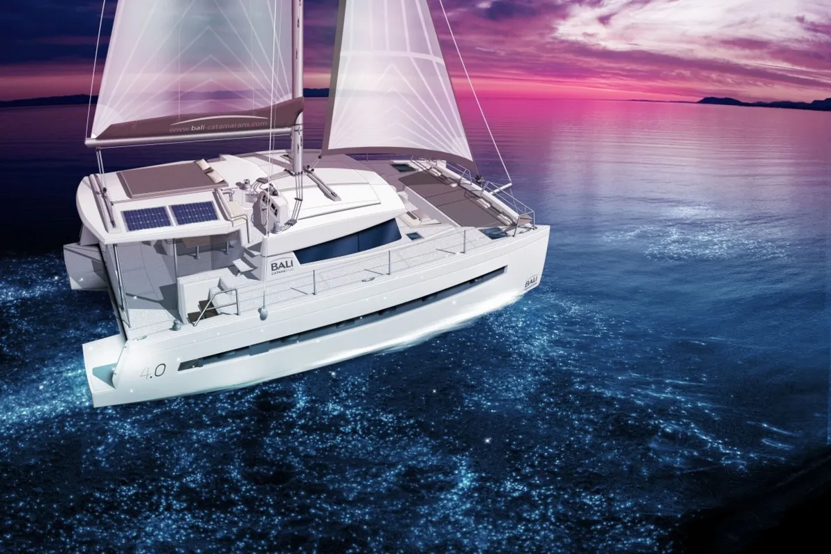 Exterior view of Escape, a Bali 4.0 catamaran at Palma de Mallorca, Spain