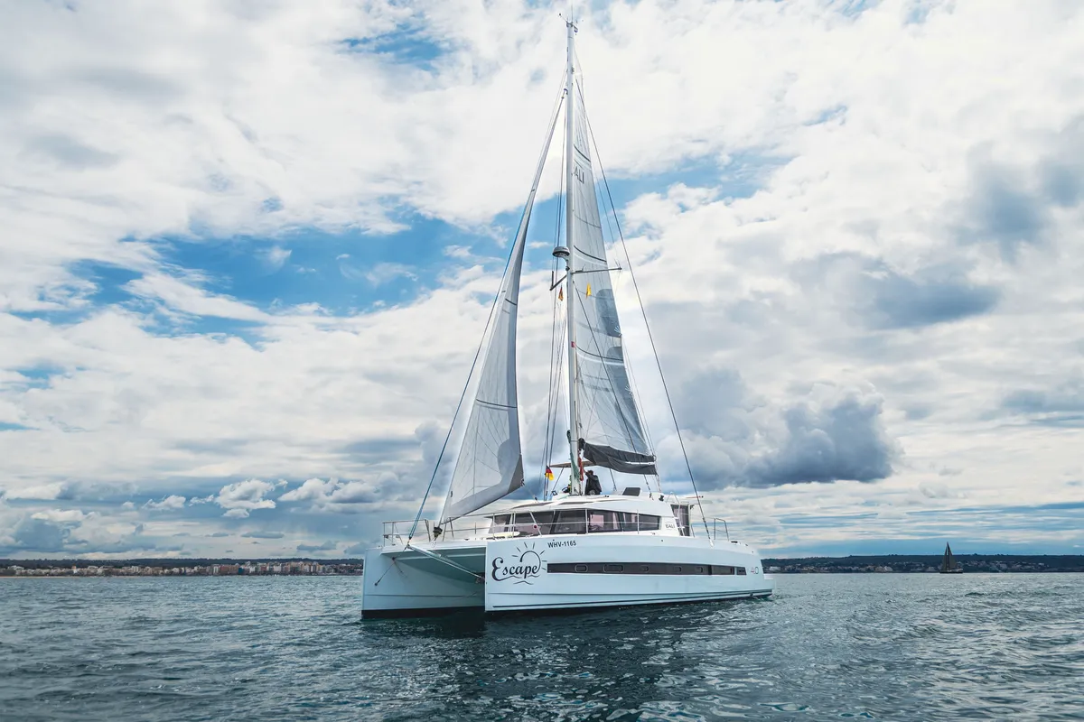 Exterior view of Escape, a Bali 4.0 catamaran at Palma de Mallorca, Spain