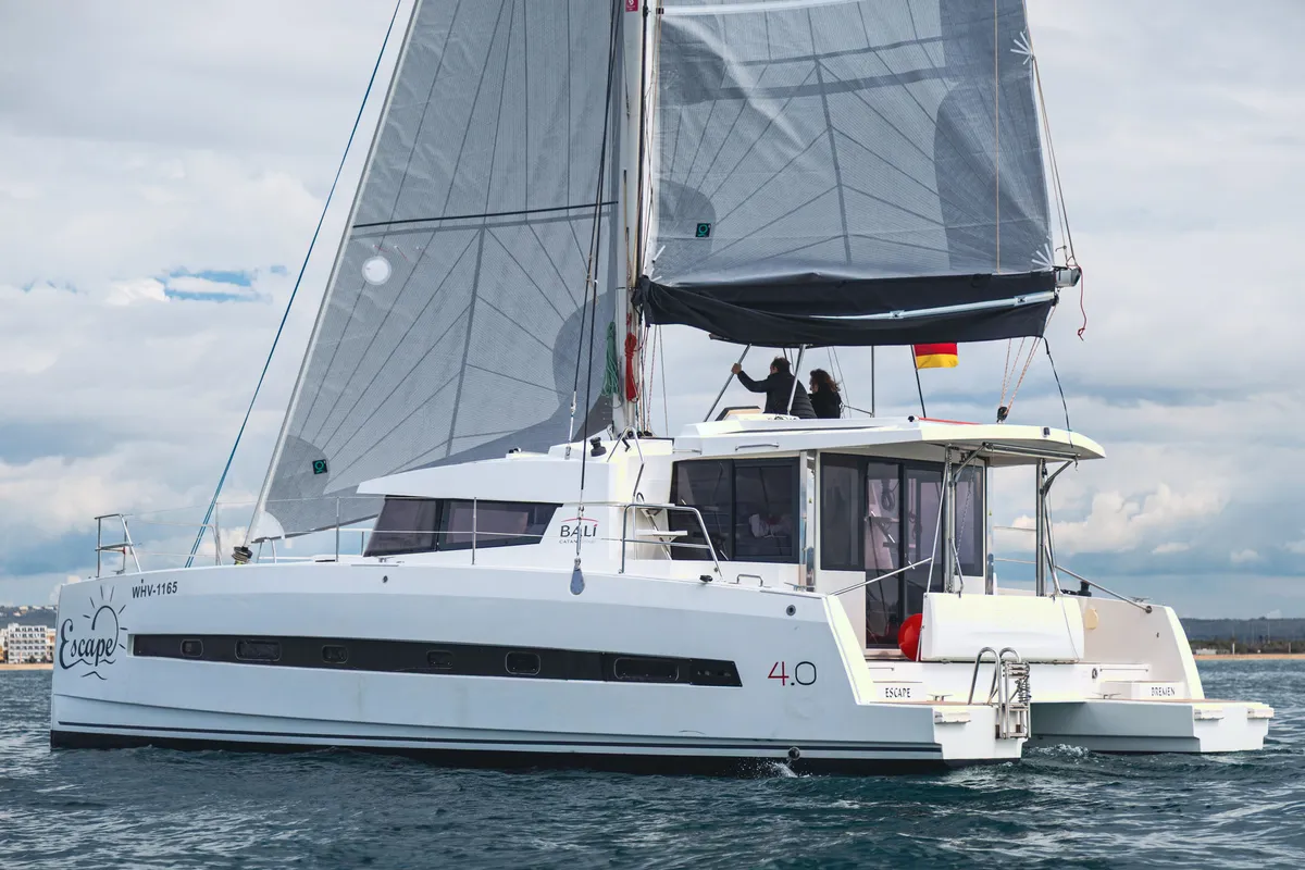 Exterior view of Escape, a Bali 4.0 catamaran at Palma de Mallorca, Spain