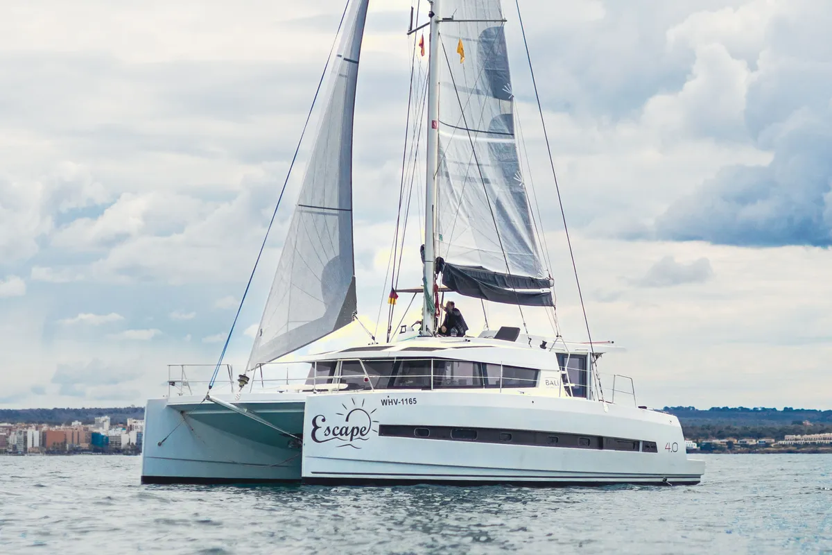 Exterior view of Escape, a Bali 4.0 catamaran at Palma de Mallorca, Spain