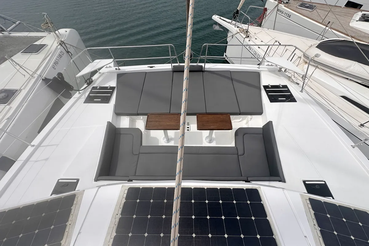 Deck of Escape, a Bali 4.0 catamaran at Palma de Mallorca, Spain