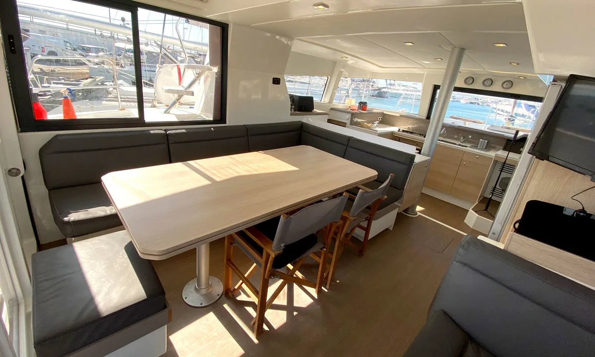 Salon of Escape, a Bali 4.0 catamaran at Palma de Mallorca, Spain