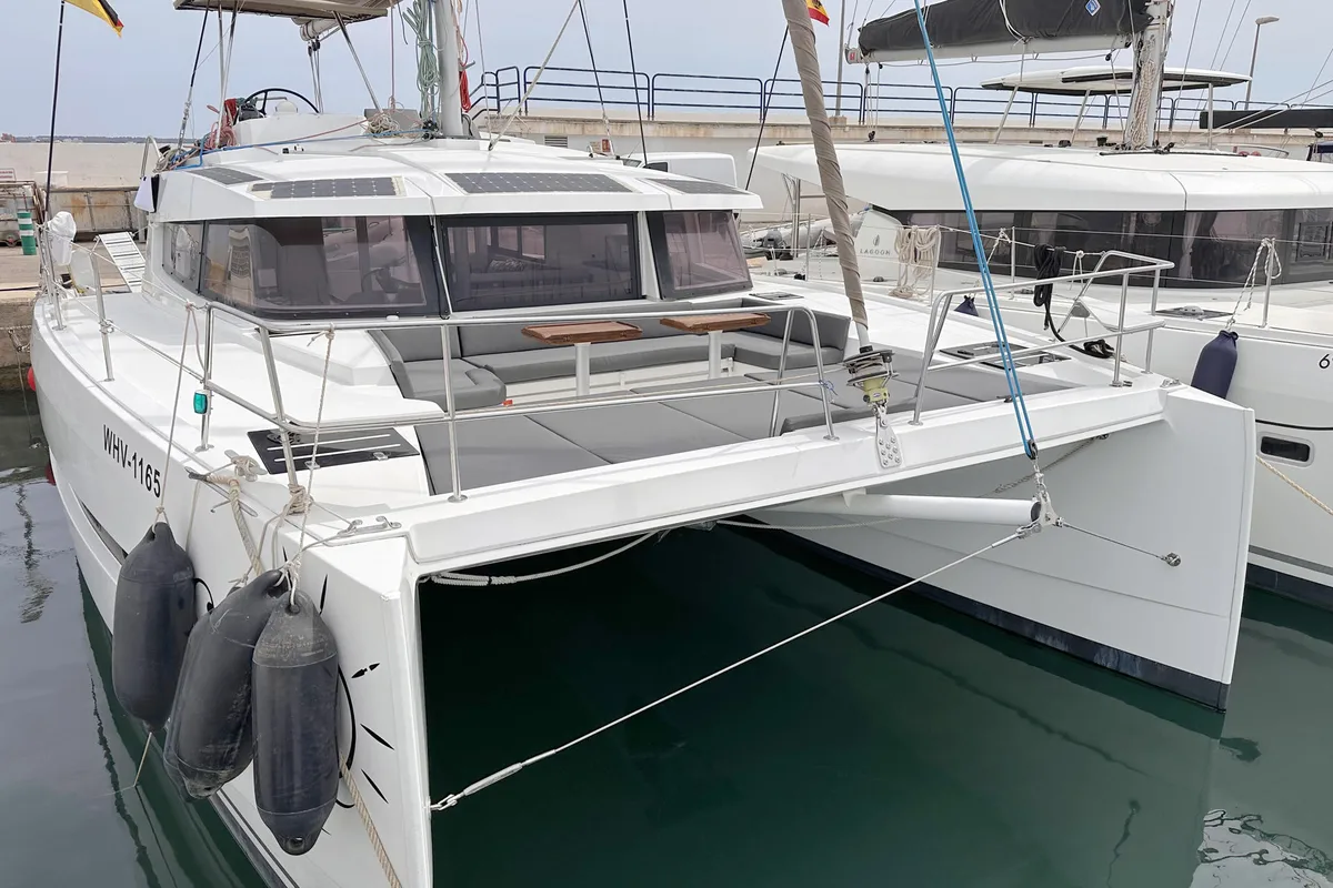 Deck of Escape, a Bali 4.0 catamaran at Palma de Mallorca, Spain