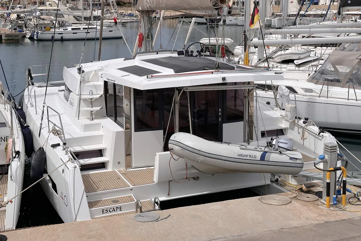 Exterior view of Escape, a Bali 4.0 catamaran at Palma de Mallorca, Spain