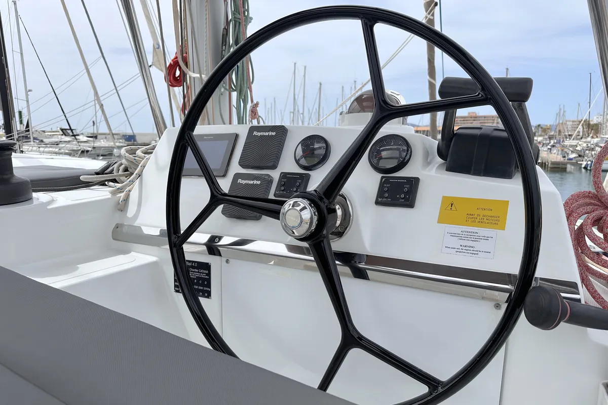 Cockpit of Escape, a Bali 4.0 catamaran at Palma de Mallorca, Spain