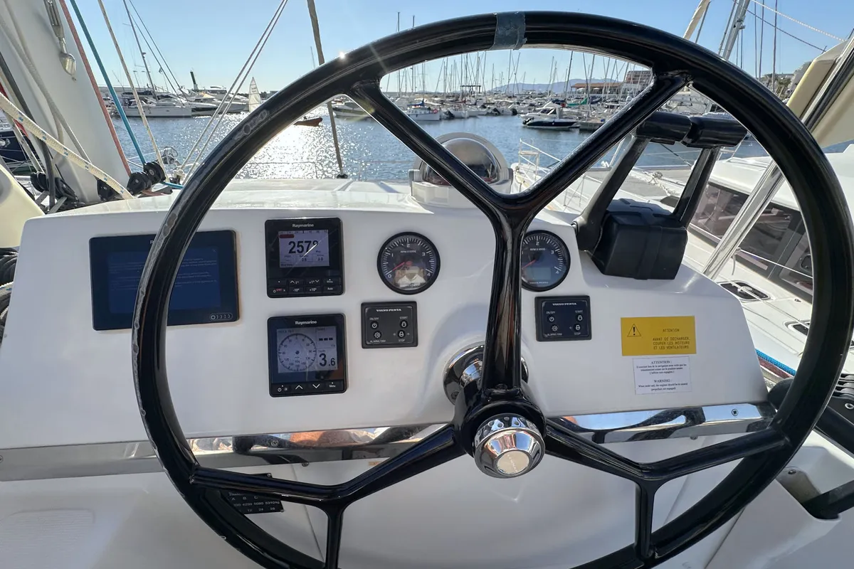 Cockpit of Escape, a Bali 4.0 catamaran at Palma de Mallorca, Spain