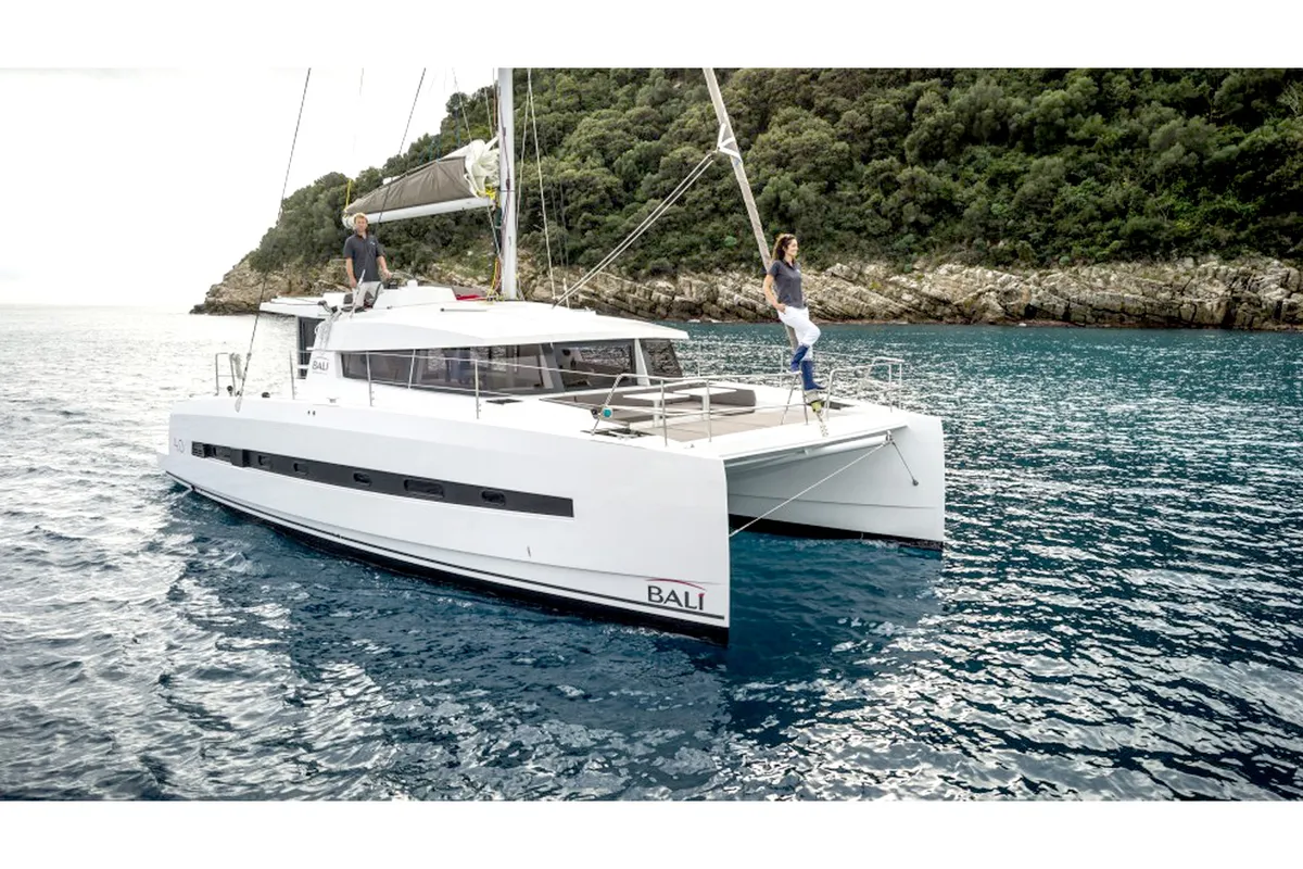 Exterior view of Escape, a Bali 4.0 catamaran at Palma de Mallorca, Spain