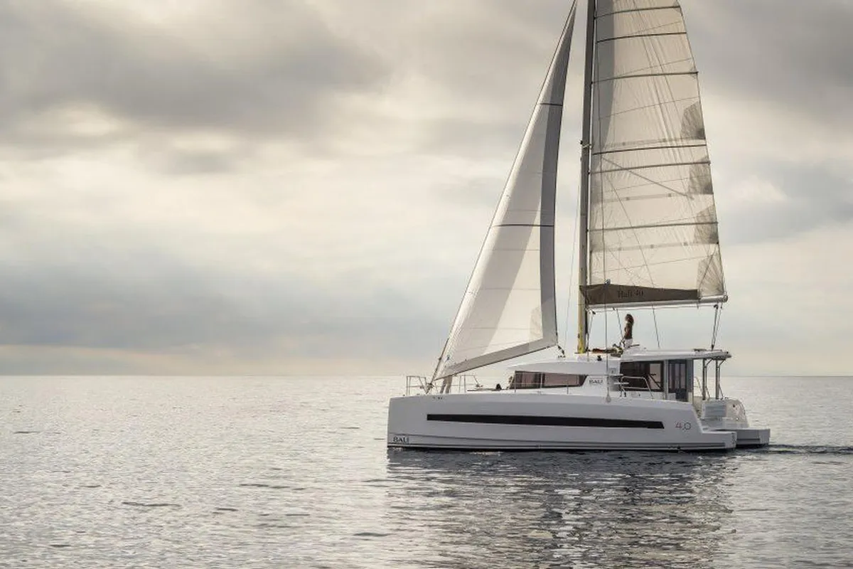 Exterior view of Escape, a Bali 4.0 catamaran at Palma de Mallorca, Spain