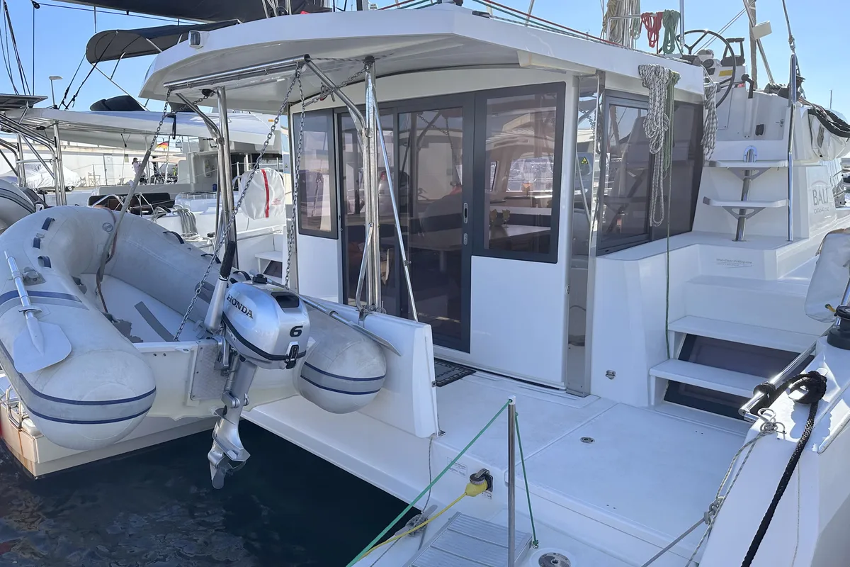 Exterior view of Escape, a Bali 4.0 catamaran at Palma de Mallorca, Spain