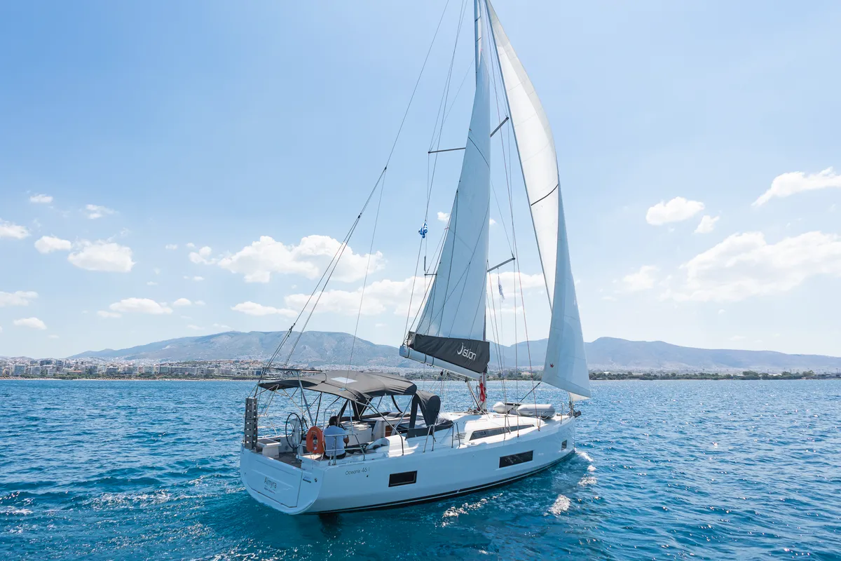 Exterior view of Almyra, a Beneteau Oceanis 46.1 sailboat at Athens, Greece