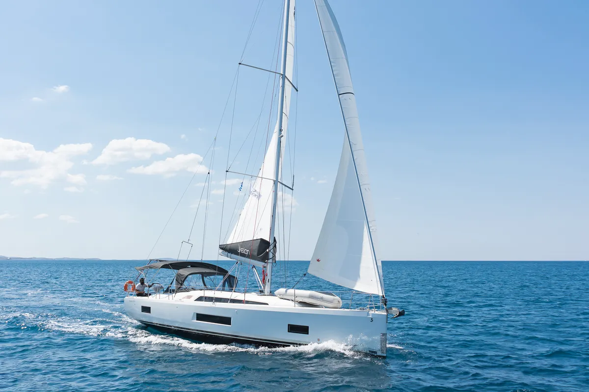 Exterior view of Almyra, a Beneteau Oceanis 46.1 sailboat at Athens, Greece