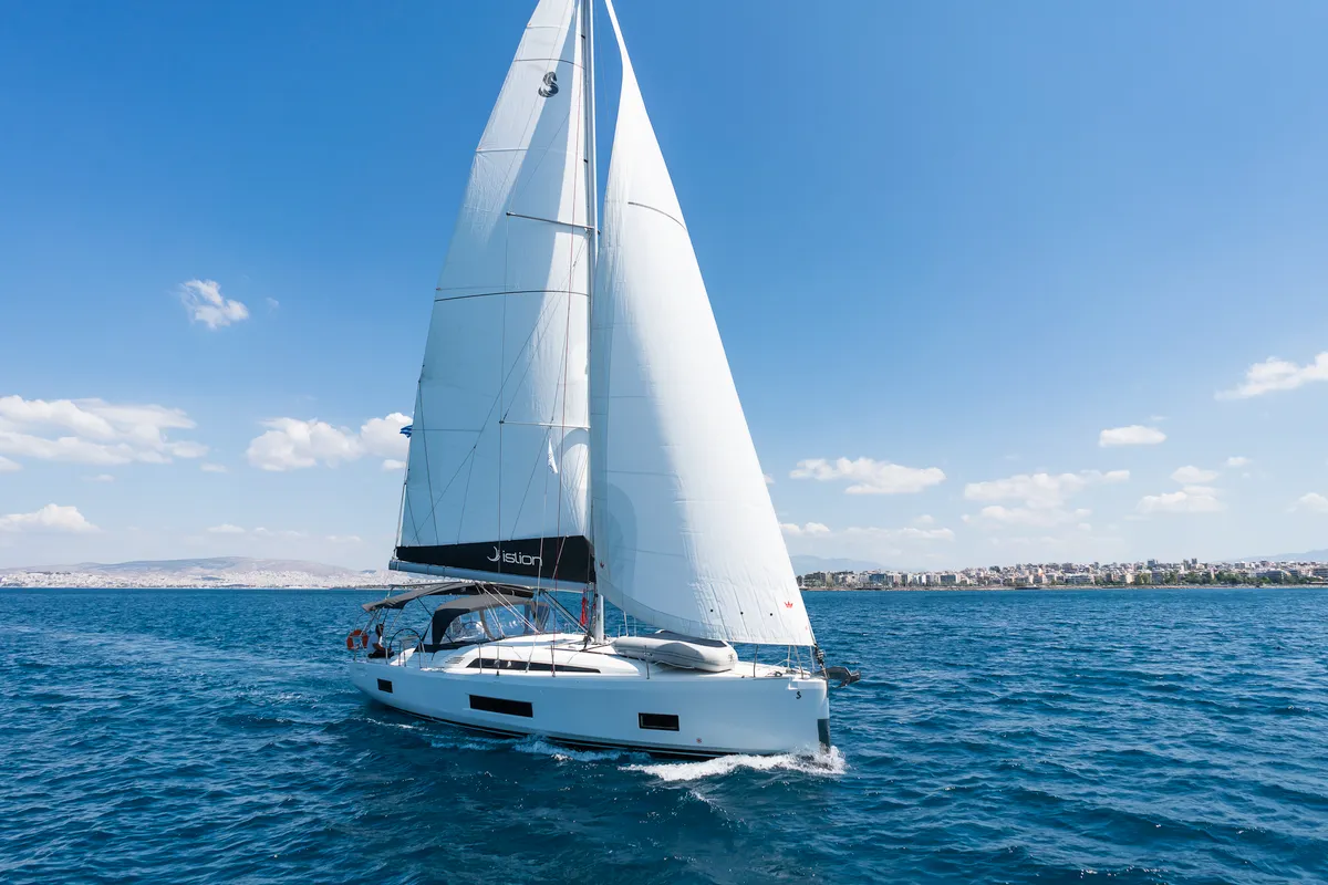 Exterior view of Almyra, a Beneteau Oceanis 46.1 sailboat at Athens, Greece