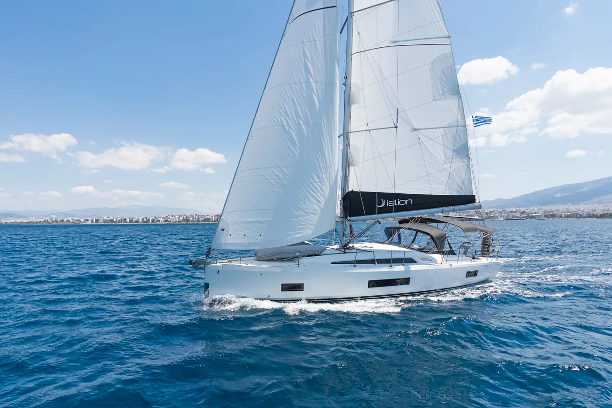 Exterior view of Almyra, a Beneteau Oceanis 46.1 sailboat at Athens, Greece
