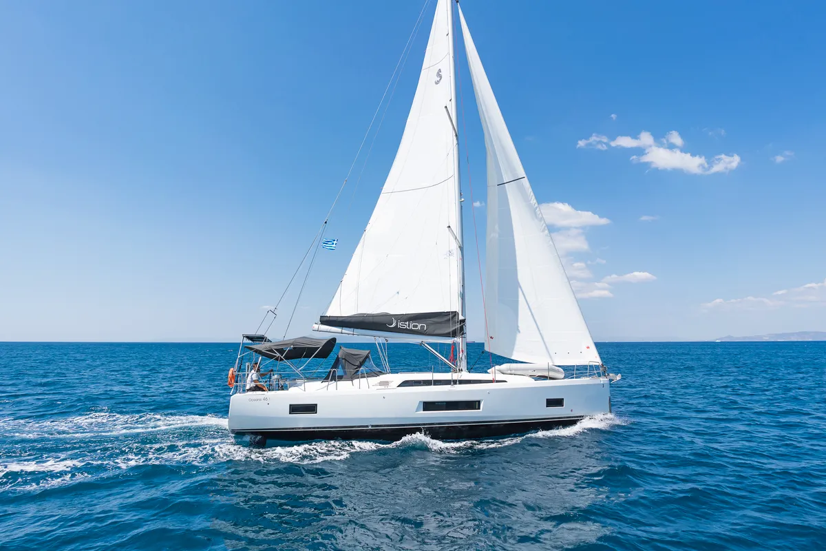 Exterior view of Almyra, a Beneteau Oceanis 46.1 sailboat at Athens, Greece